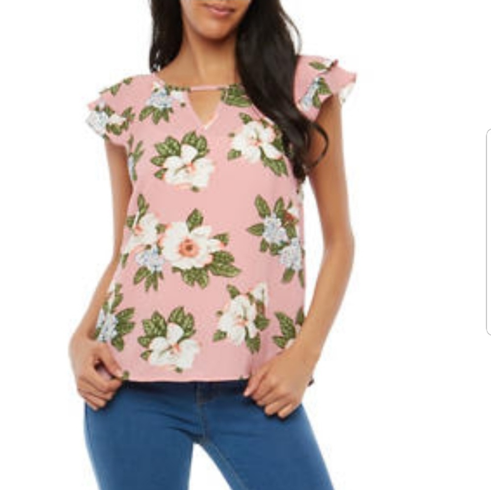 Floral Crepe Knit Flutter Sleeve Top for Juniors